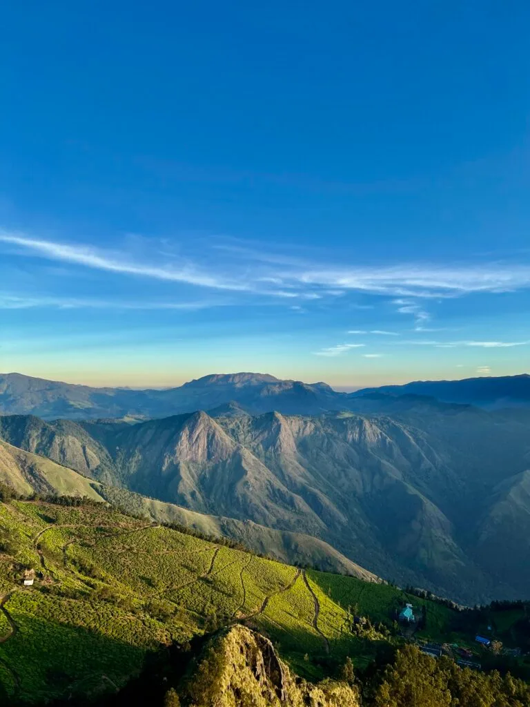 Blue mountain ranges fading into the distance