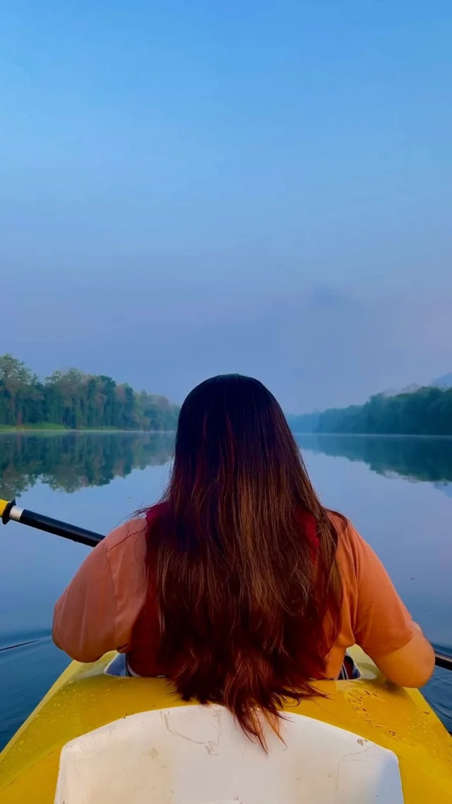 A guest kayaks on mirror-still water surrounded by forest